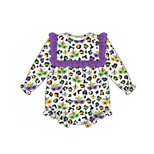 presale LR2675  Baby Girls Purple Yellow Green Leopard Masks Mardi Gras Ruffle Rompers  D 913