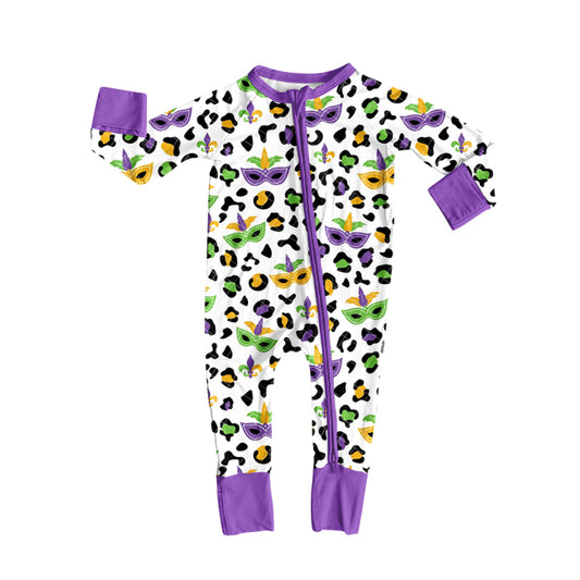 presale LR2676 Baby Boys Purple Yellow Green Leopard Masks Mardi Gras Zipper Footie Rompers D 913