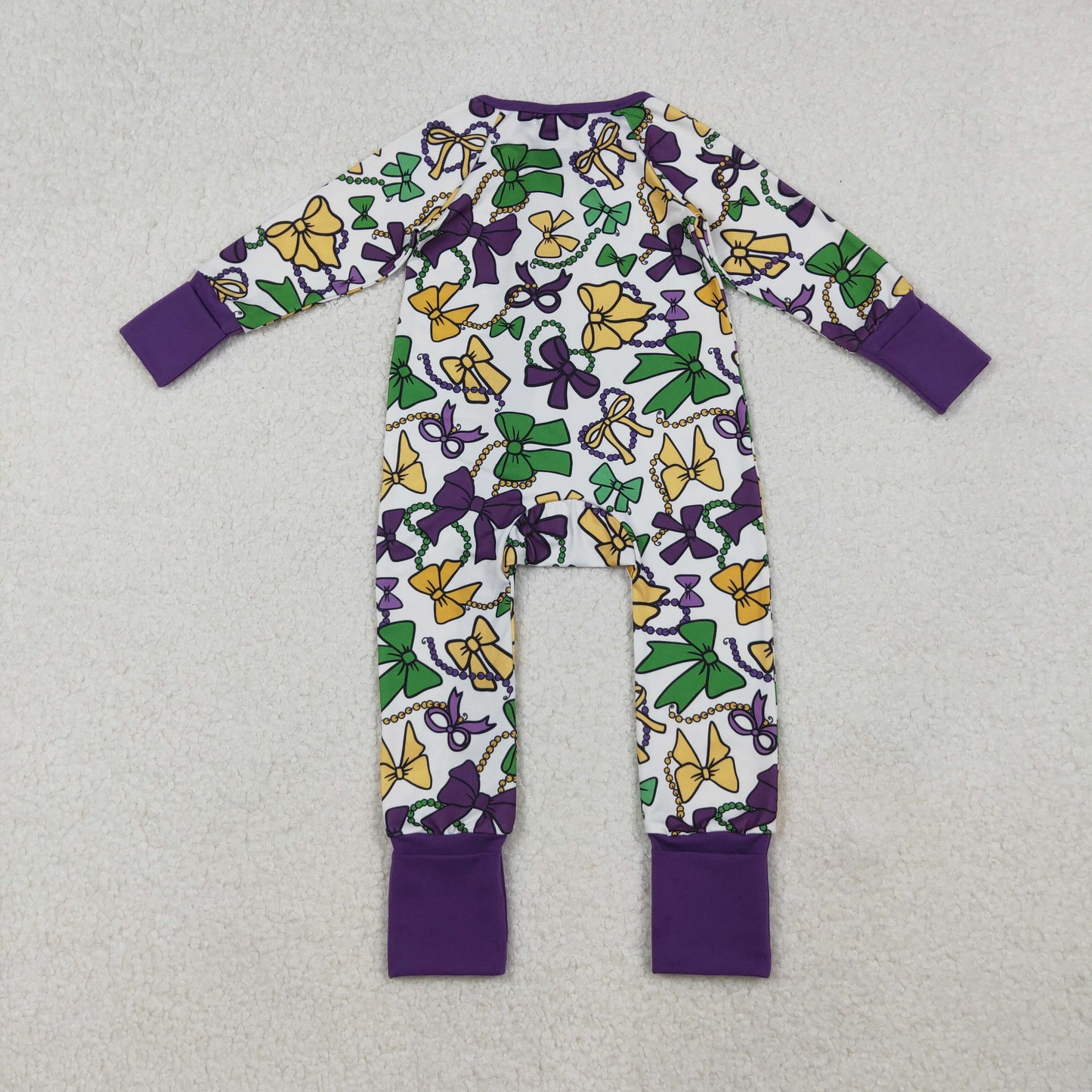 LR2678 Baby Boys Mardigras Bows Masks Zipper Footie Rompers   D 1020