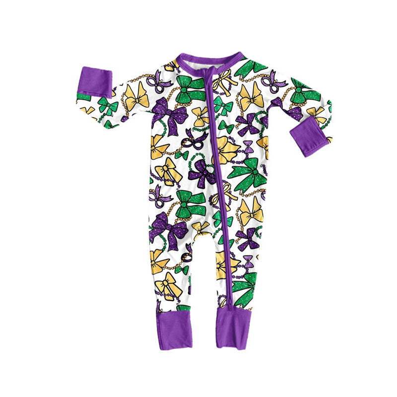 LR2678 Baby Boys Mardigras Bows Masks Zipper Footie Rompers   D 1020