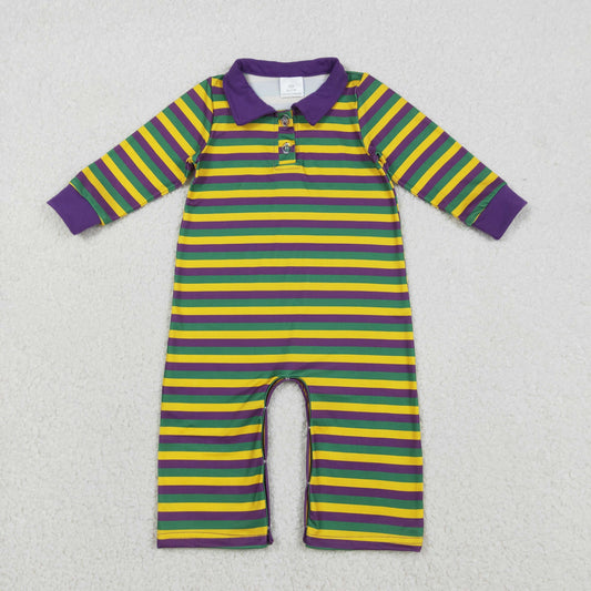Baby Girls Footie Romper Purple Yellow Green Stripe Button Mardigras Design Comfortable Soft Material Baby Outfit