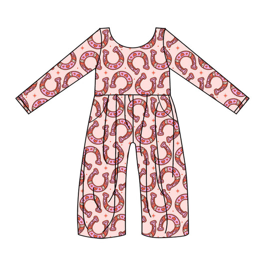 presale LR2684 Baby Girls Pink Long Sleeve Horses Shoes Hearts Pockets Jumpsuits   D 917