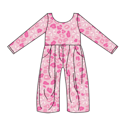 presale LR2685 Baby Girls Pink Long Sleeve Bows Leopard Pockets Jumpsuits D 917