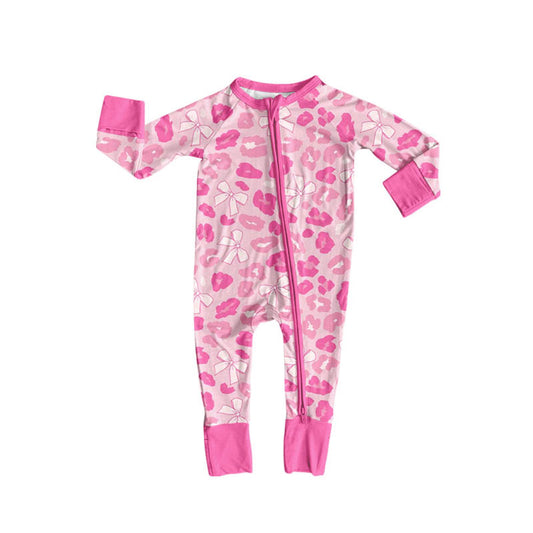 presale LR2686 Baby Girls Pink Bows Leopard Zipper Footie Rompers   D 917