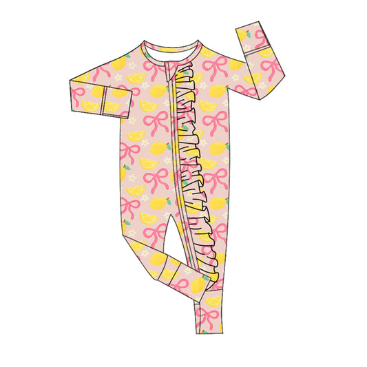 presale LR2687 Baby Girls Bows Lemons Flowers Ruffle Zipper Footie Rompers  D 917