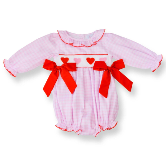 presale LR2688  Baby Girls Pink Checked Hearts Bows Valentine Ruffle Rompers D 917