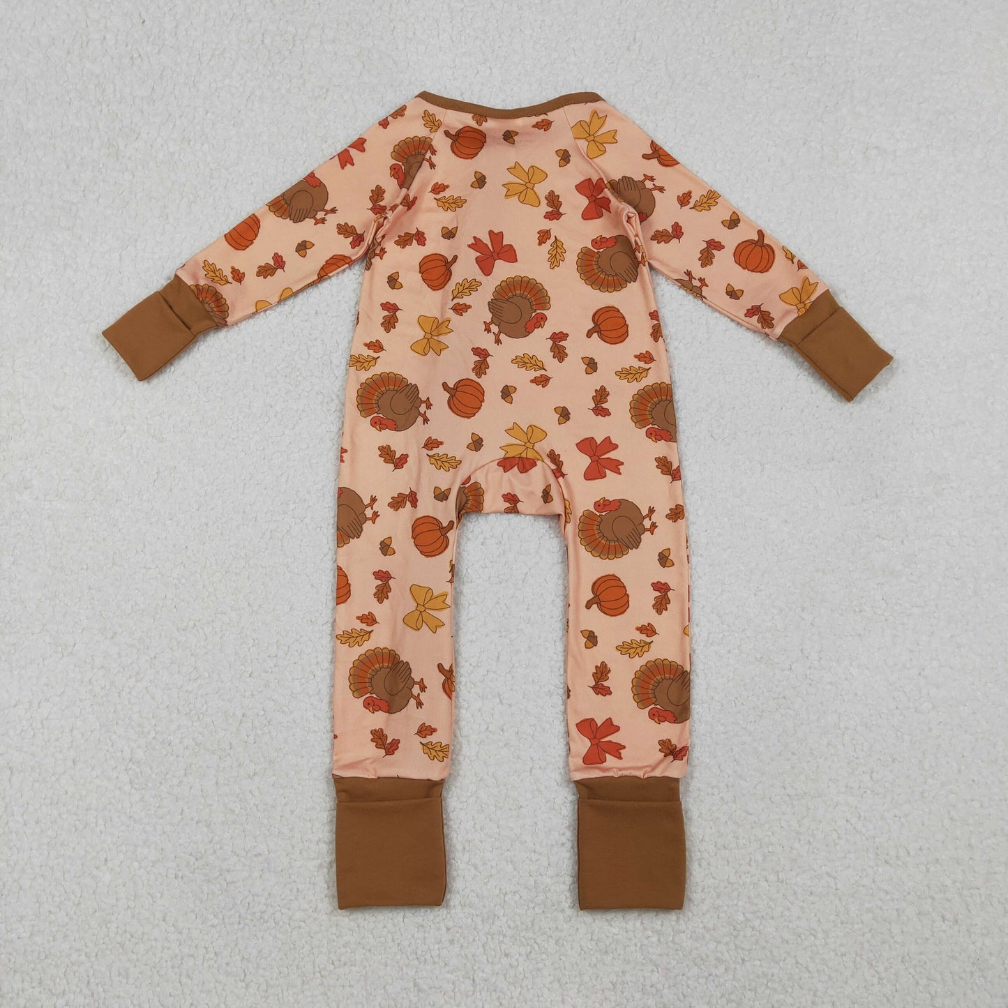 LR2689 Baby Boys Bows Turkey Pumpkins Thanksgiving Zipper Footie Rompers  D 1025