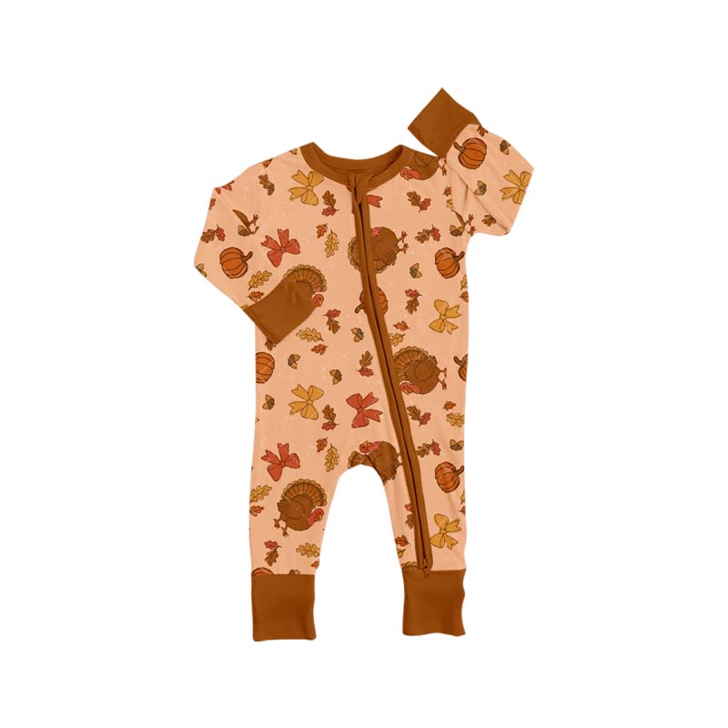 LR2689 Baby Boys Bows Turkey Pumpkins Thanksgiving Zipper Footie Rompers  D 1025