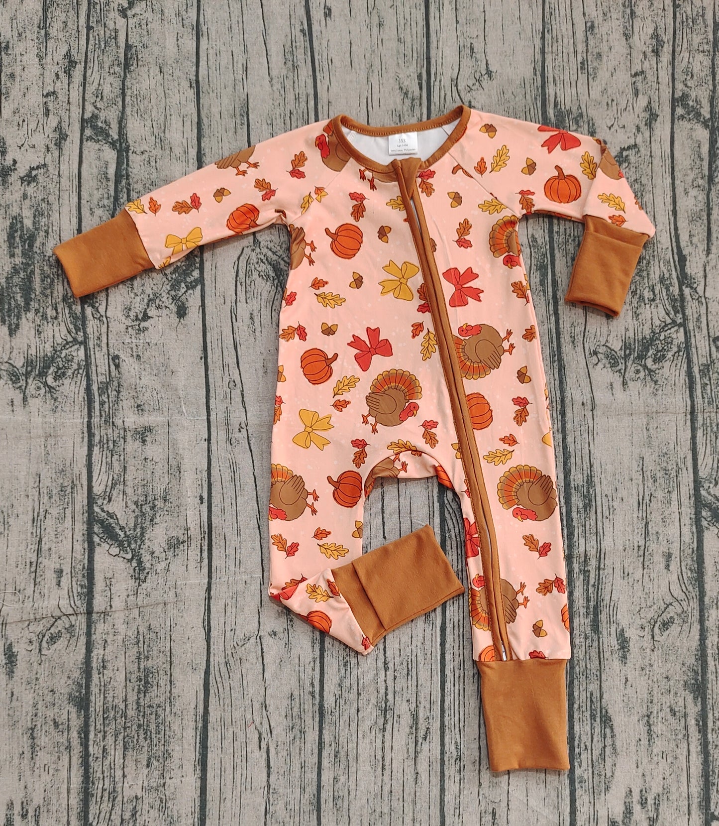 LR2689 Baby Boys Bows Turkey Pumpkins Thanksgiving Zipper Footie Rompers  D 1025
