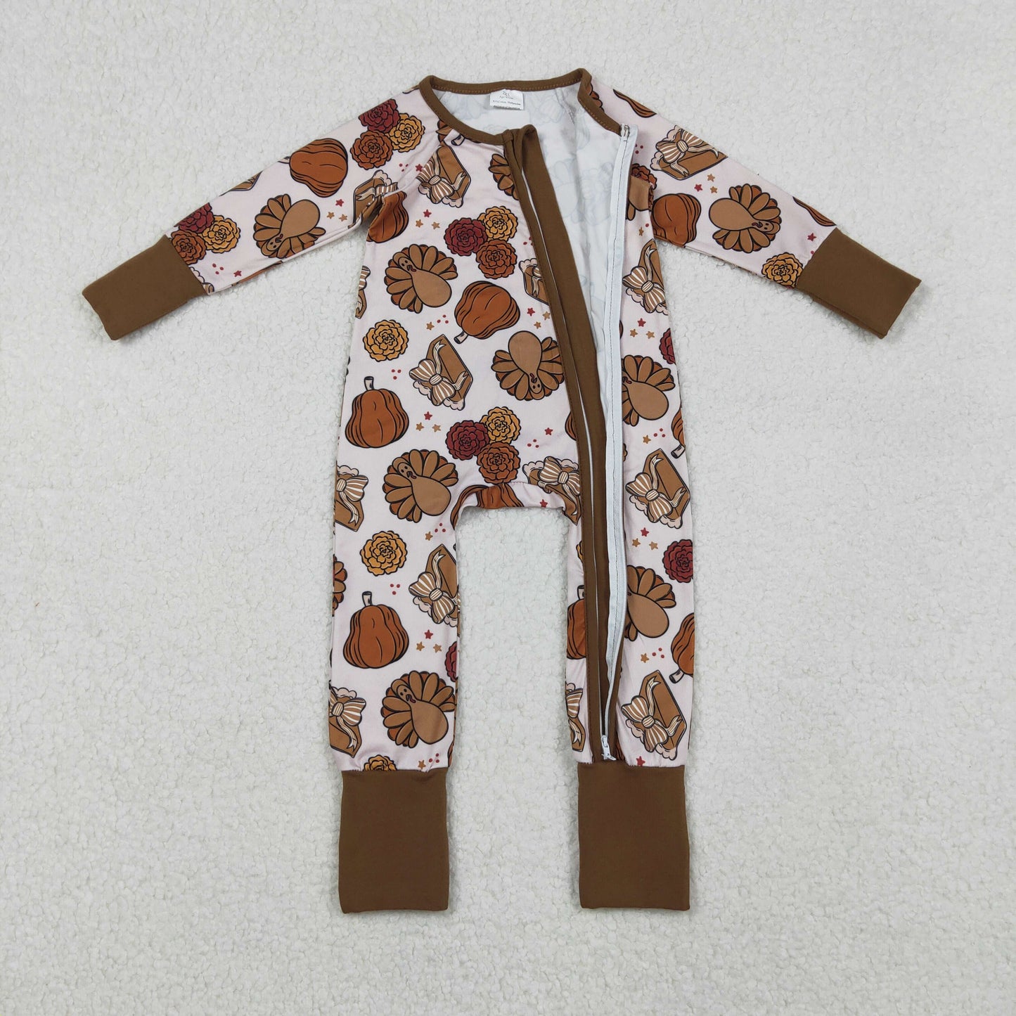 LR2690 Baby Boys Pie Turkey Pumpkins Thanksgiving Zipper Footie Rompers   D 1023
