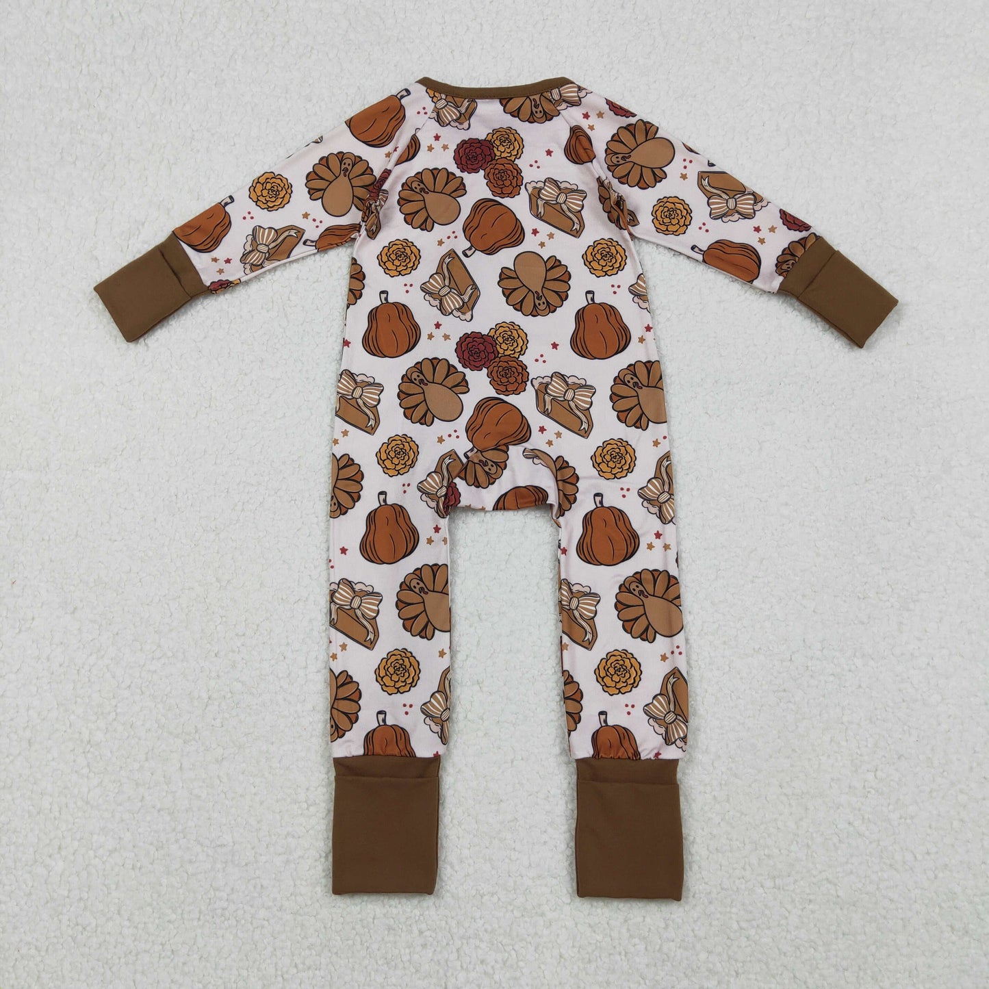 LR2690 Baby Boys Pie Turkey Pumpkins Thanksgiving Zipper Footie Rompers   D 1023