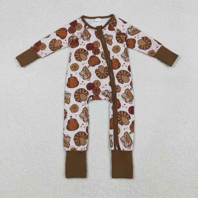 Sibling Baby Girls BoysTurkey Pumpkins Top Pants Thanksgiving Pajamas Sets Zipper Footie Rompers  D 1023