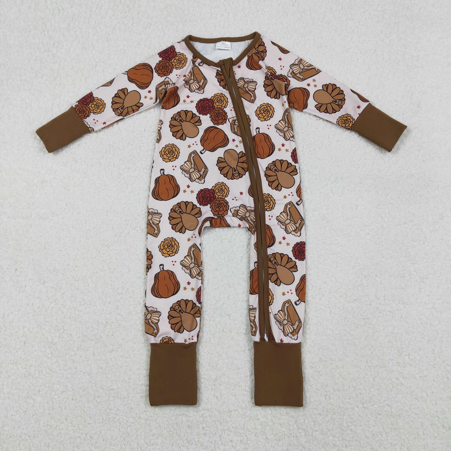LR2690 Baby Boys Pie Turkey Pumpkins Thanksgiving Zipper Footie Rompers   D 1023