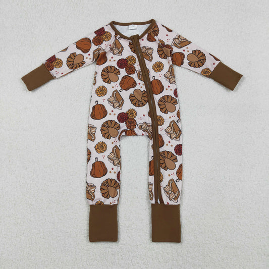 LR2690 Baby Boys Pie Turkey Pumpkins Thanksgiving Zipper Footie Rompers D 1023