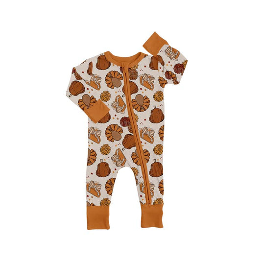 presale LR2690 Baby Boys Pie Turkey Pumpkins Thanksgiving Zipper Footie Rompers   D 918