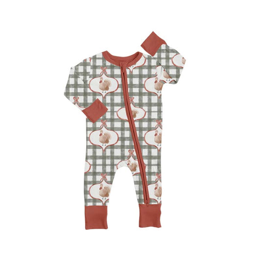 presale LR2691 Baby Boys Green Checked Turkey Thanksgiving Zipper Footie Rompers  D 918