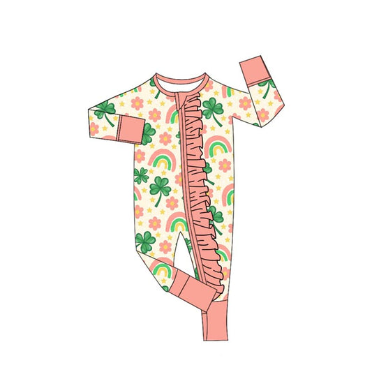 presale LR2692 Baby Girls Clovers Flowers St Patrick Ruffle Zipper Footie Rompers D 918