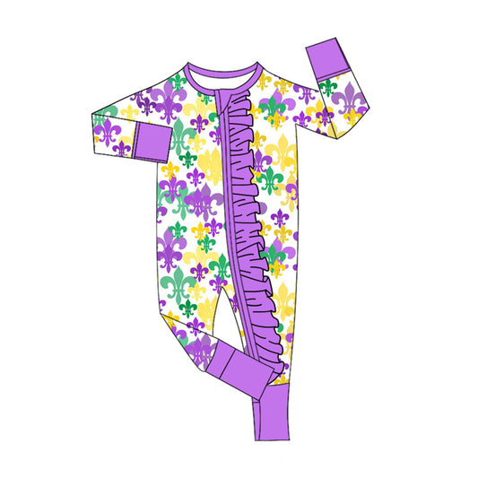 presale LR2694 Baby Girls Anchors Checked Mardigras Ruffle Zipper Footie Rompers  D 919