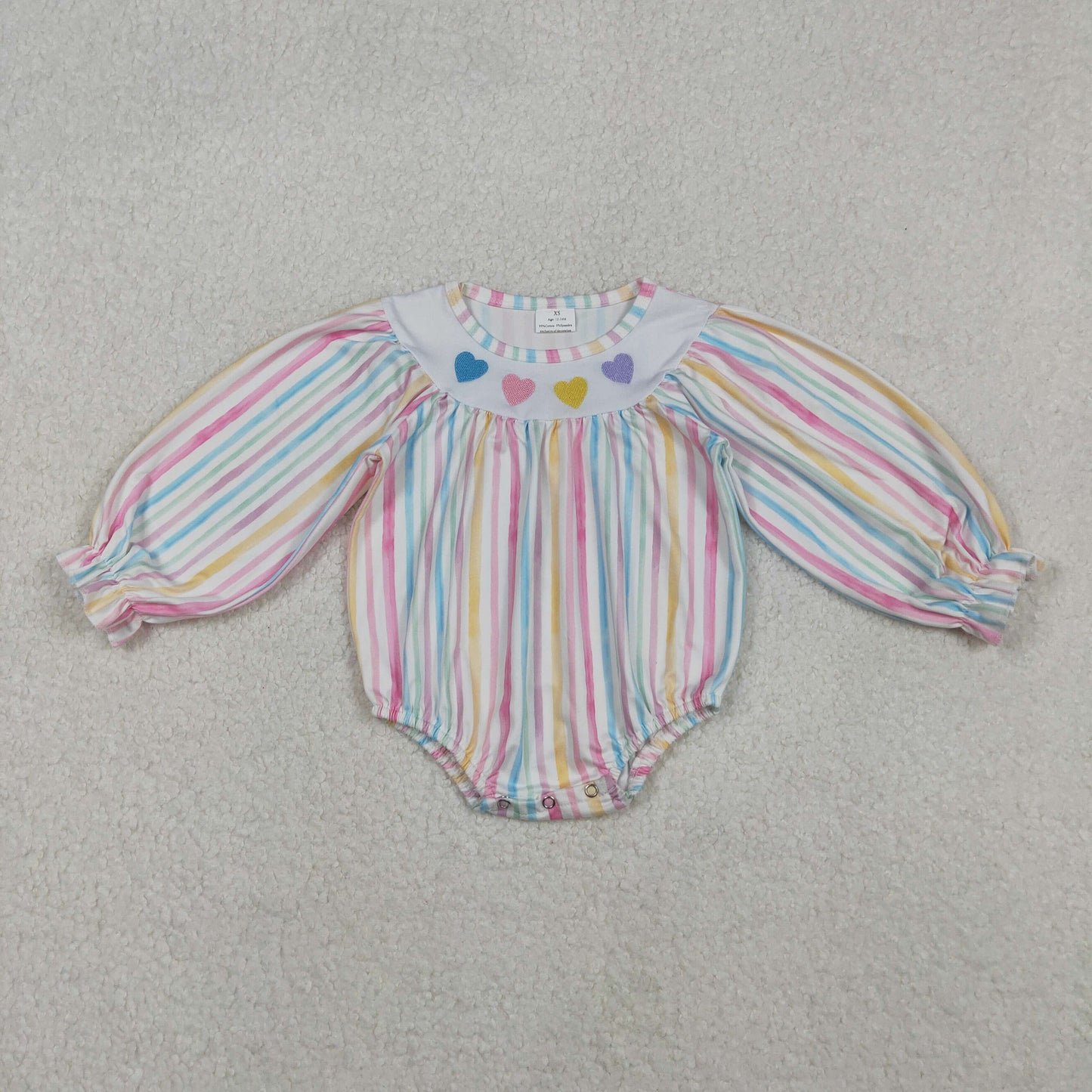 Sibling Baby Girls Colorful Stripe Embroidery Hearts Ruffle Sleeve Knee Length Dress Rompers    D 1111