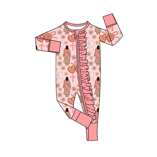 presale LR2697 Baby Girls Pink Nativity Crosses Christmas Ruffle Zipper Footie Rompers D 923