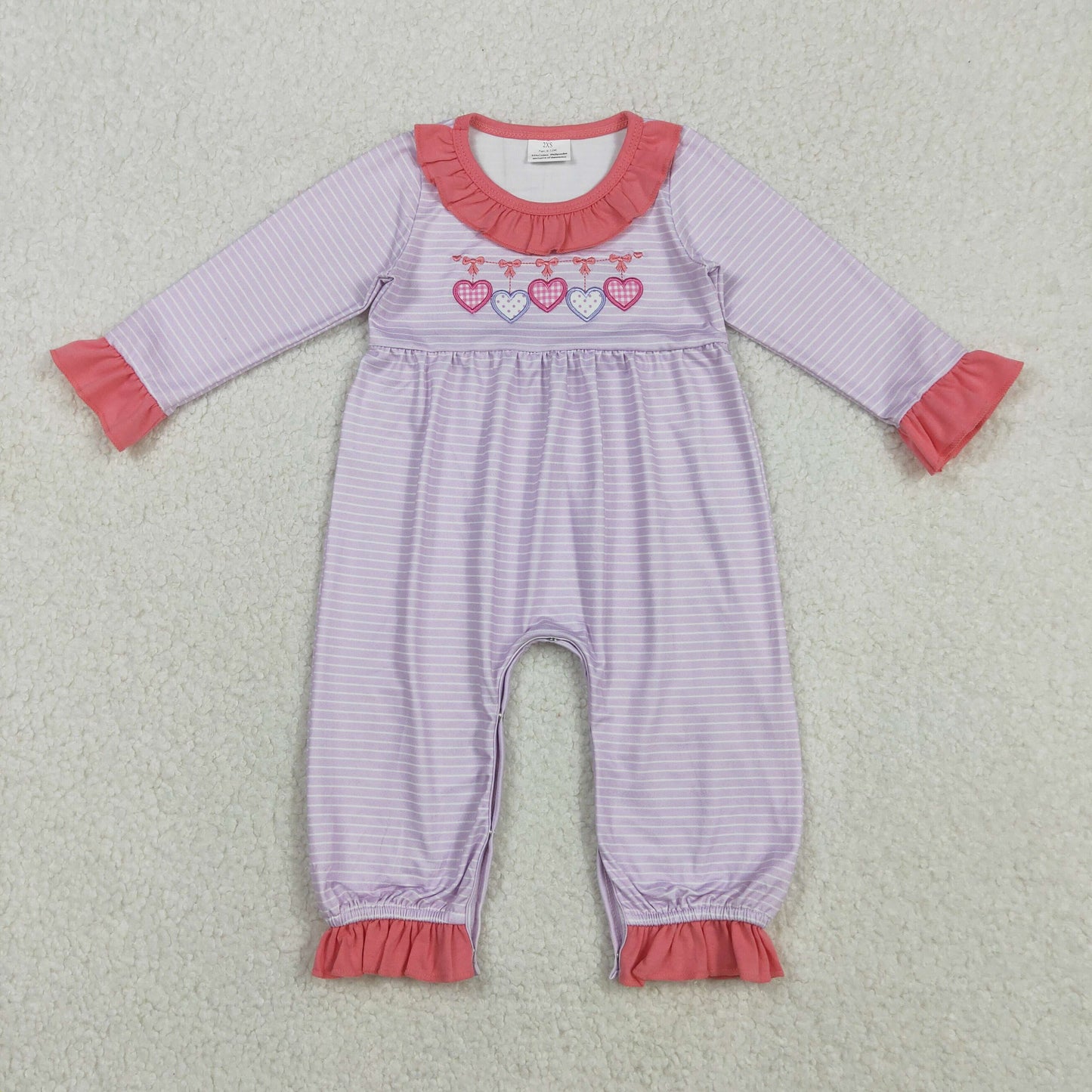 LR2706 Embroidery Bows Hearts Baby Girls Pink Stripe Valentine Ruffle Collar Rompers  D 1206