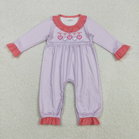 LR2706 Embroidery Bows Hearts Baby Girls Pink Stripe Valentine Ruffle Collar Rompers  D 1206