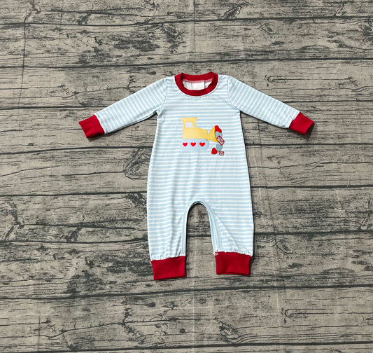 presale LR2708 Embroidery Hearts Excavator Baby Boys Blue Stripe Valentine Footie Rompers  D 1001