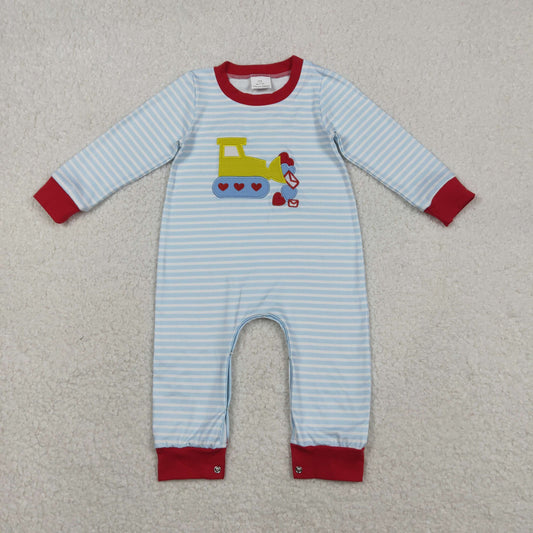 LR2708 Embroidery Hearts Excavator Baby Boys Blue Stripe Valentine Footie Rompers  D 1209