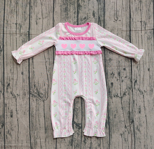 presale LR2714  Baby Girls Hearts Flowers Stripe Valentine Ruffle Footie Rompers  D 1105