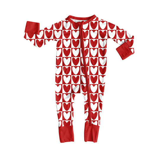 presale LR2717 Baby Girls Red White Hearts Checked Valentine Zipper Footie Rompers D 924