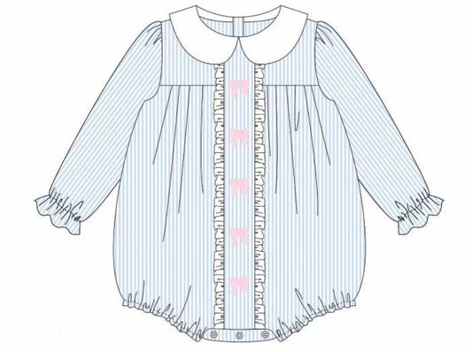 presale LR2726  Baby Girls Blue Stripe Bows Valentine Ruffle Rompers  D 925