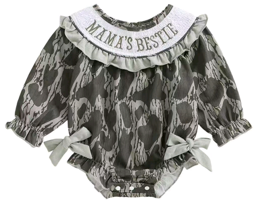 presale LR2727 Baby Girls Gray Camo Mamas Bestie Bows Western Ruffle Rompers D 925