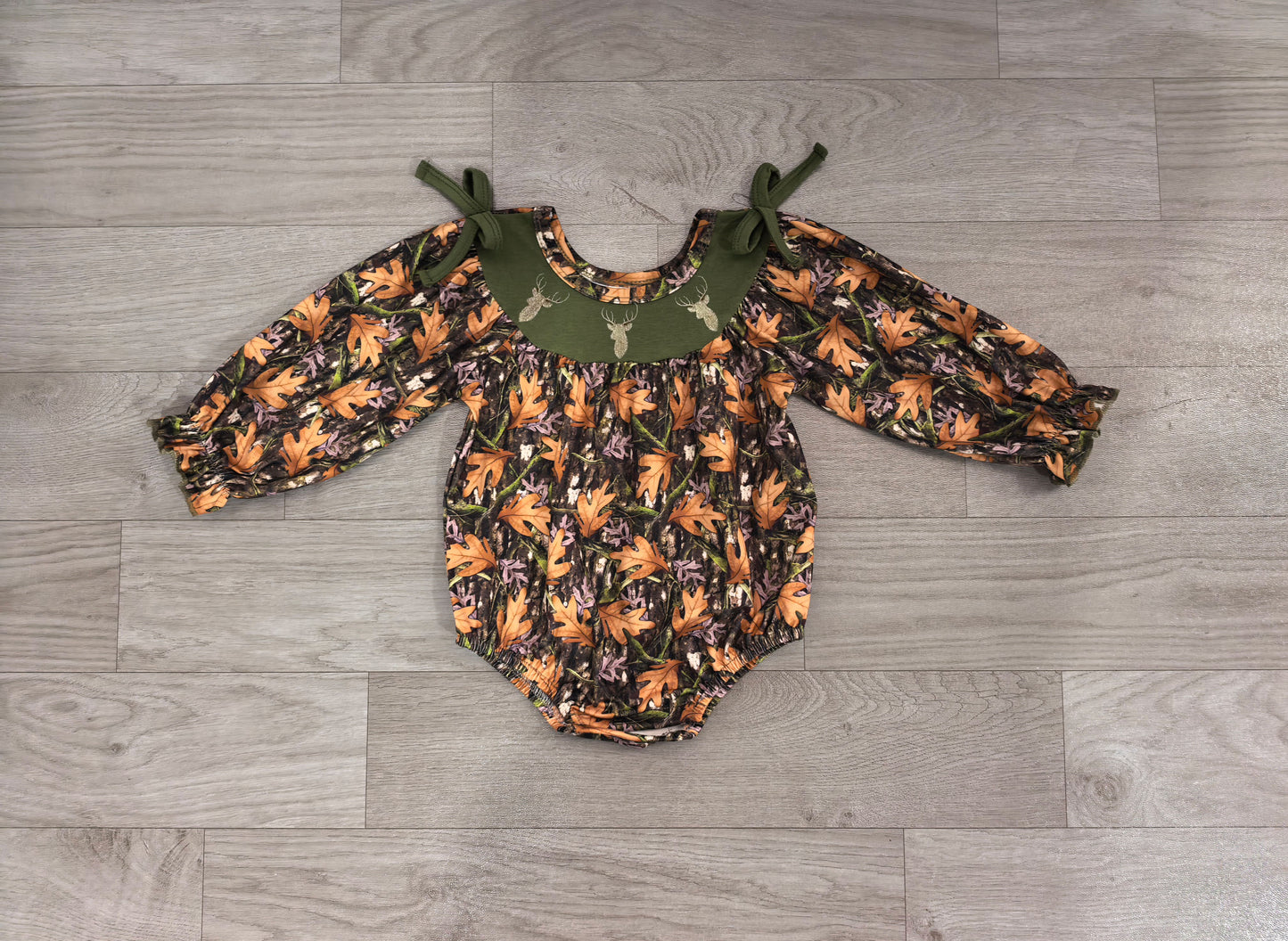 Pre order fall leaves deer embroidery girl romper