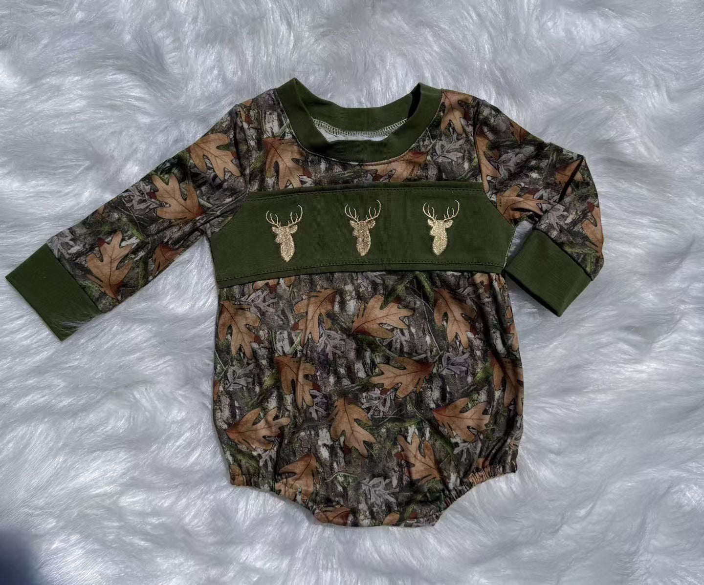 presale LR2729  Baby Boys Green Leaves Camo Deer Bows Western Rompers  D 925