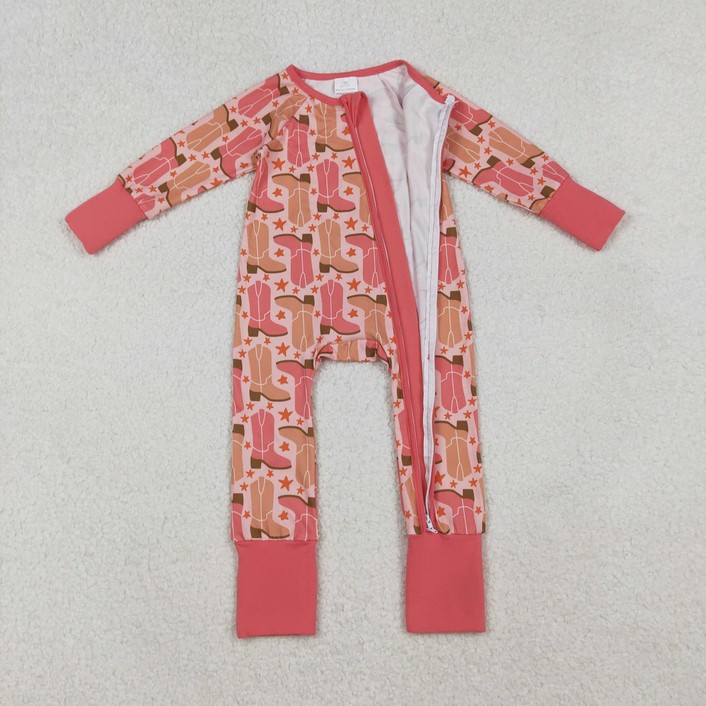 LR2733 Baby Girls Boots Stars Western Zipper Footie Rompers  D 1001