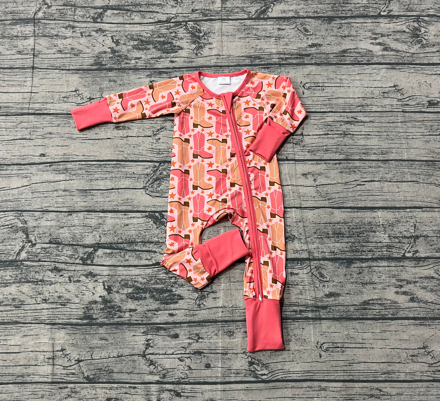 LR2733 Baby Girls Boots Stars Western Zipper Footie Rompers  D 1001
