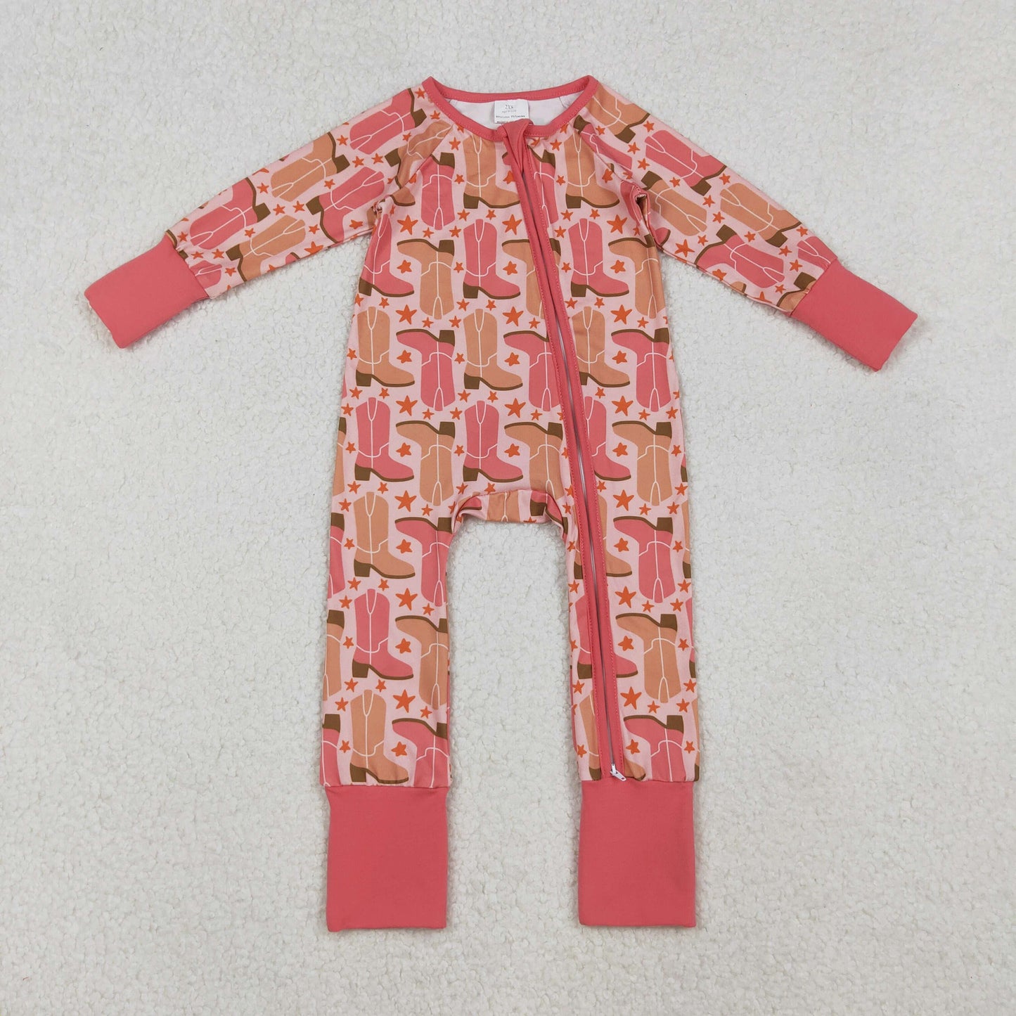 LR2733 Baby Girls Boots Stars Western Zipper Footie Rompers  D 1001