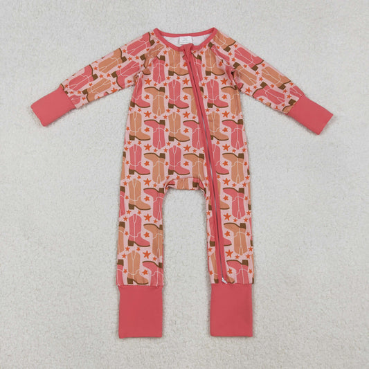 LR2733 Baby Girls Boots Stars Western Zipper Footie Rompers  D 1001