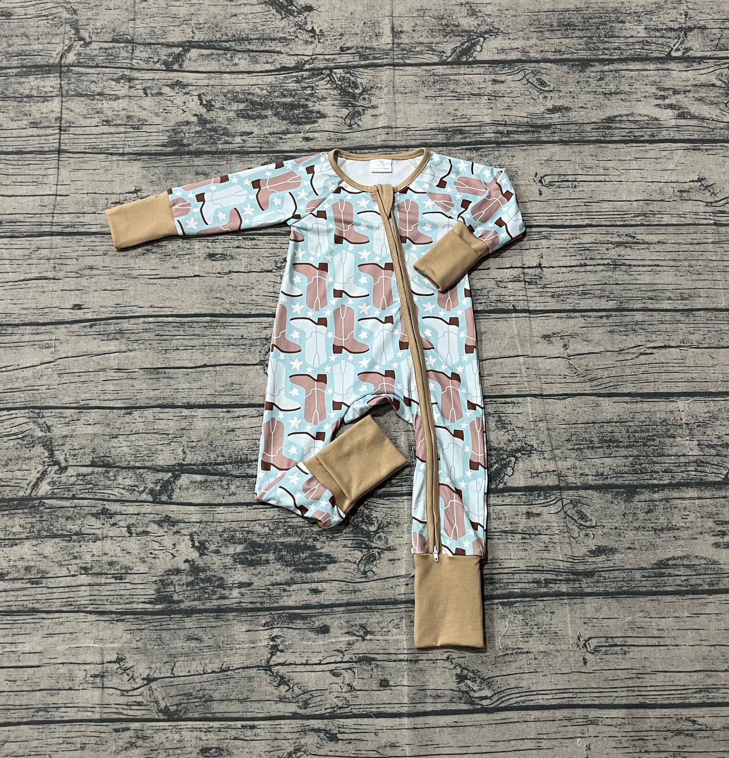 LR2734 Baby Boys Boots Stars Western Zipper Footie Rompers   D 1001