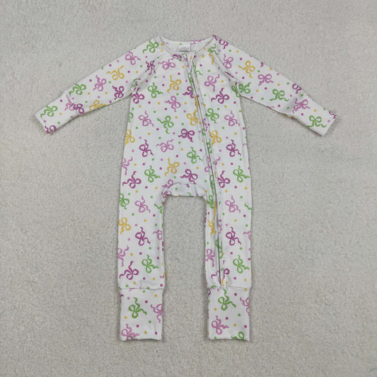 Baby Girls Convertible Rompers with Mardi Gras Bows Polka Dots Two-Way Zipper Soft Cotton Outfit for Infants