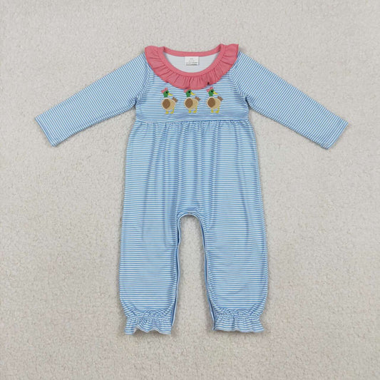 LR2738 Embroidery Ducks Baby Girls Stripe Ruffle Footie Rompers  D 1211