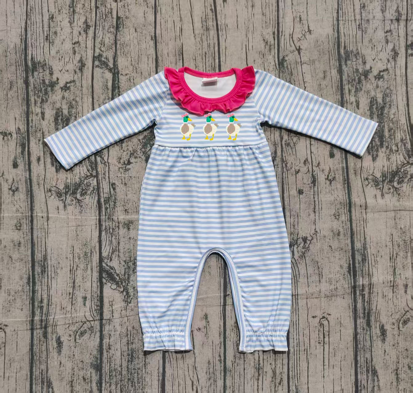 presale LR2738 Embroidery Ducks Baby Girls Stripe Ruffle Footie Rompers  D 1009