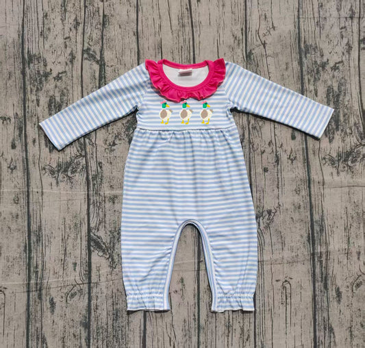 presale LR2738 Embroidery Ducks Baby Girls Stripe Ruffle Footie Rompers  D 1009