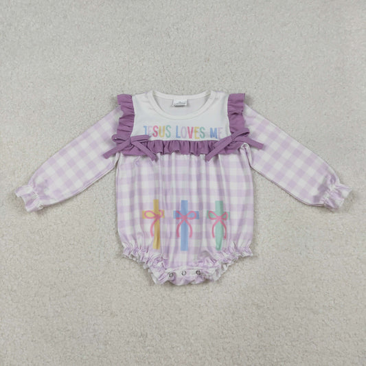 LR2740 Baby Girls Lavender Checked Jesus Love Me Cross Ruffle Rompers  D 1022