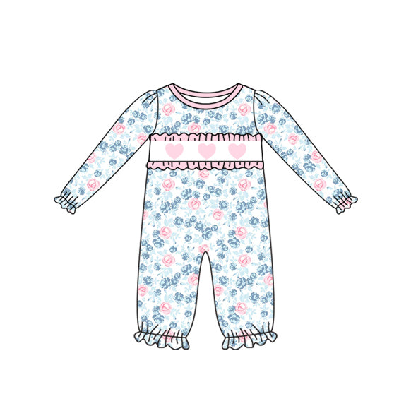 presale LR2764 Baby Girls Long Sleeve Flowers Hearts Valentine Ruffle Footie Rompers  D 1006