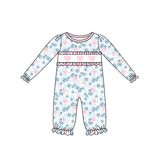 presale LR2764 Baby Girls Long Sleeve Flowers Hearts Valentine Ruffle Footie Rompers  D 1006