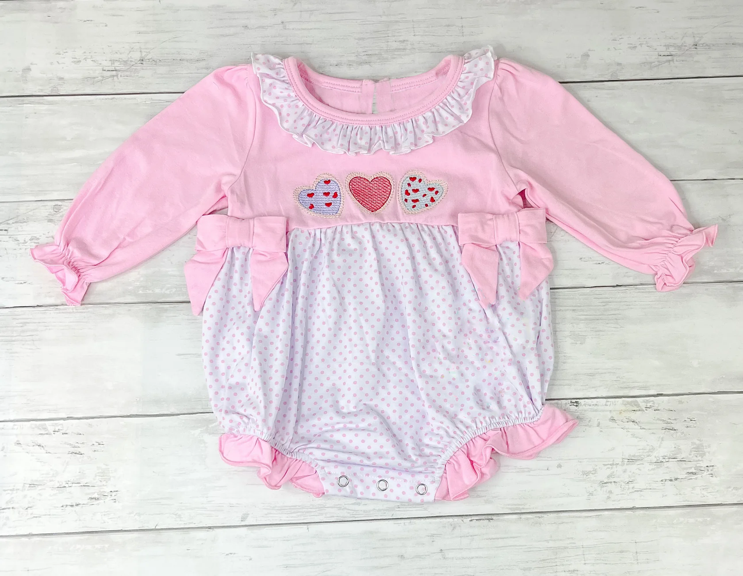 presale LR2766  Baby Girls Long Sleeve Hearts Bows Valentine Ruffle Rompers D 1008
