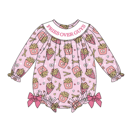 presale LR2768 Baby Girls Pink Hearts Chip Fries Over Guys Valentine Ruffle Bows Rompers  D 1008