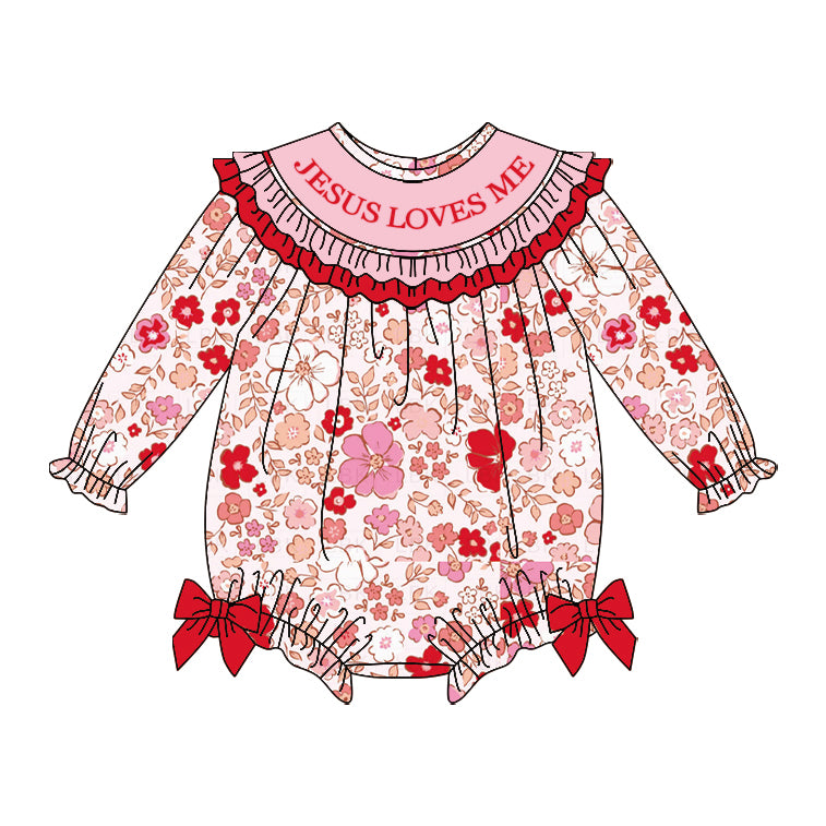presale LR2769 Baby Girls Pink Red Flowers Jesus Love Me Ruffle Bows Rompers  D 1008