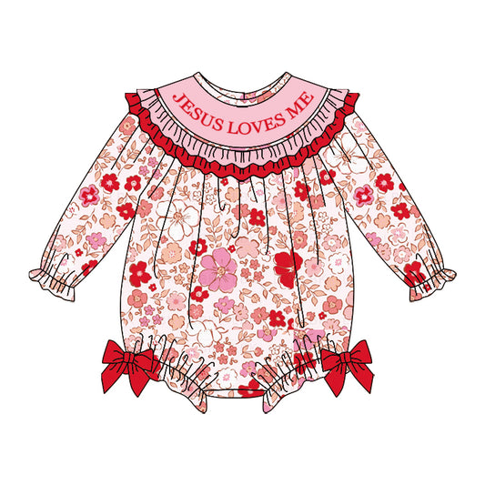 presale LR2769 Baby Girls Pink Red Flowers Jesus Love Me Ruffle Bows Rompers D 1008